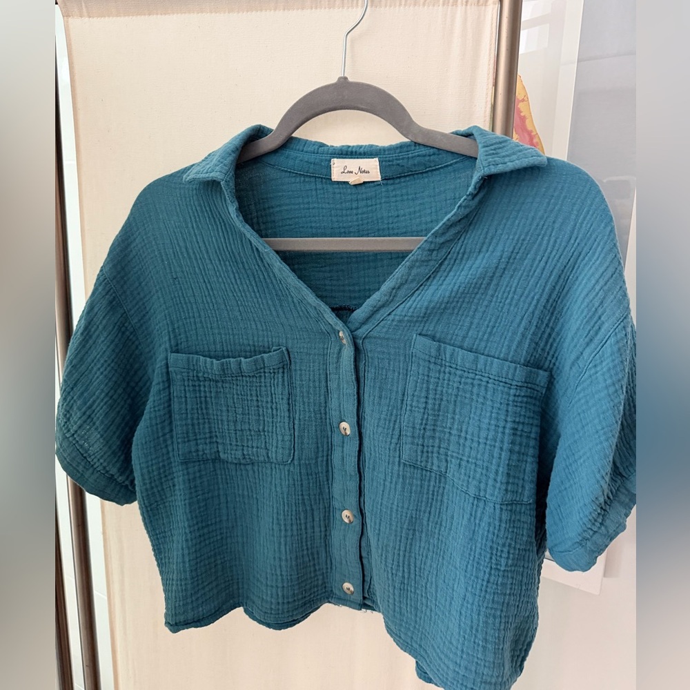 100% cotton, gauze crop top, button front, teal, sz Large
